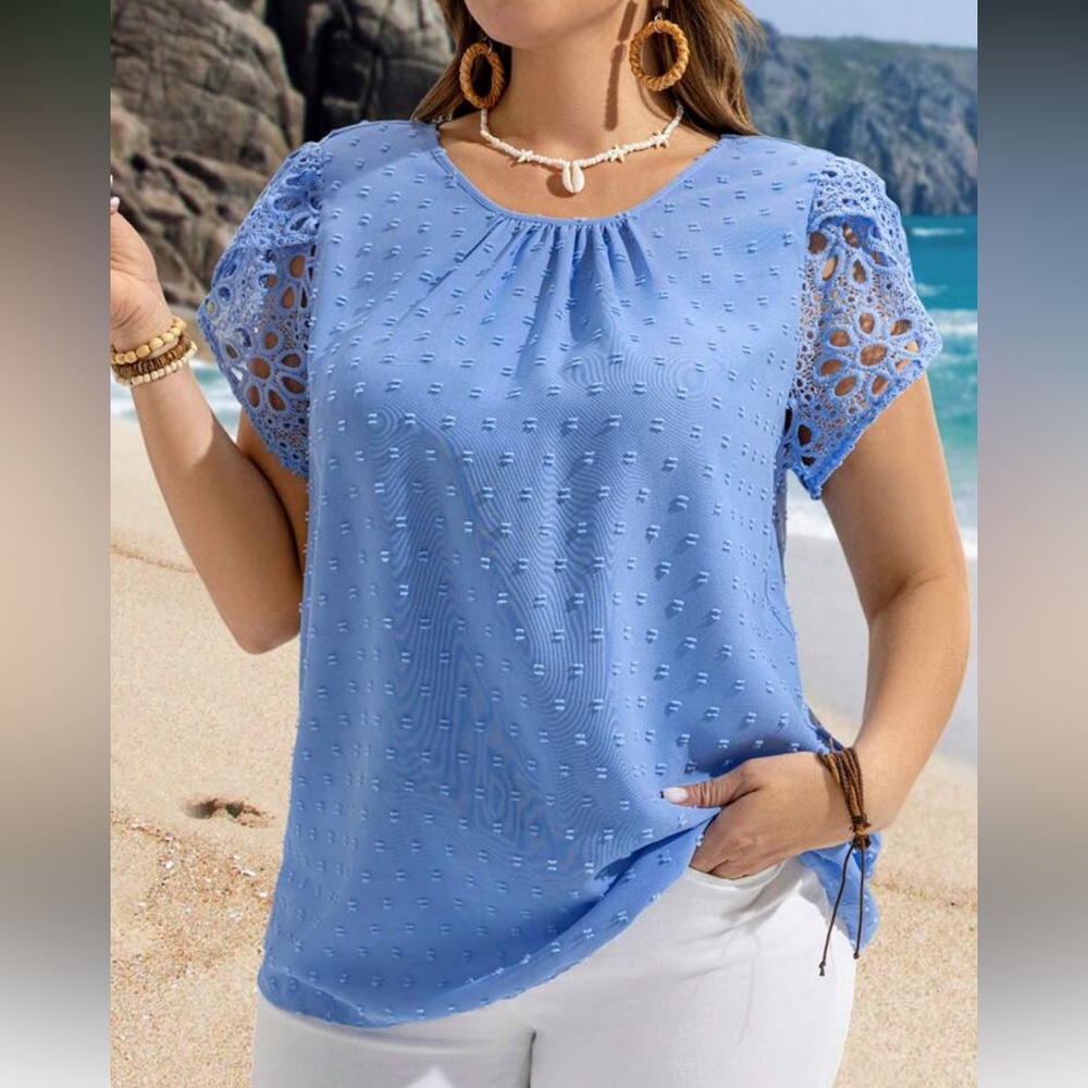 Blue Eyelet Lace Sleeve Top